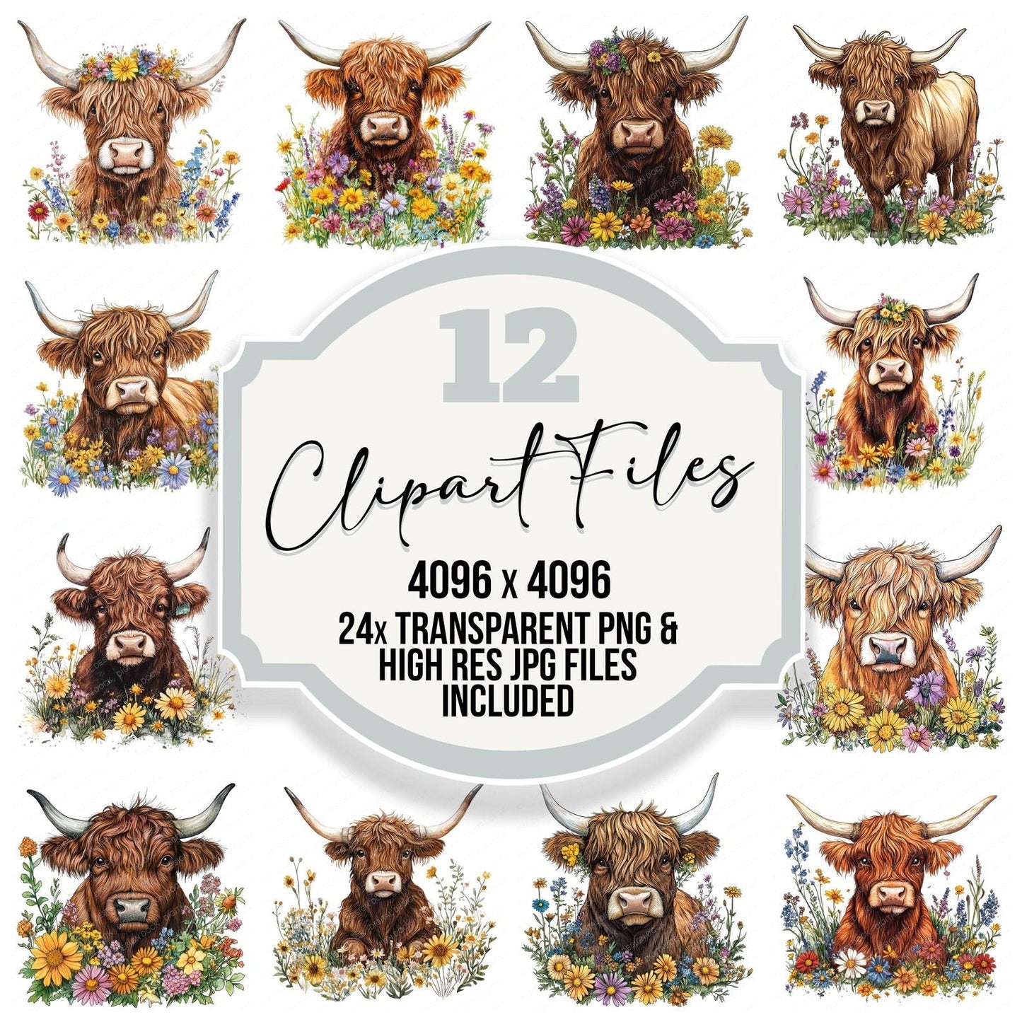 Watercolour Floral Highland Cow Clipart Set (DDD007118)