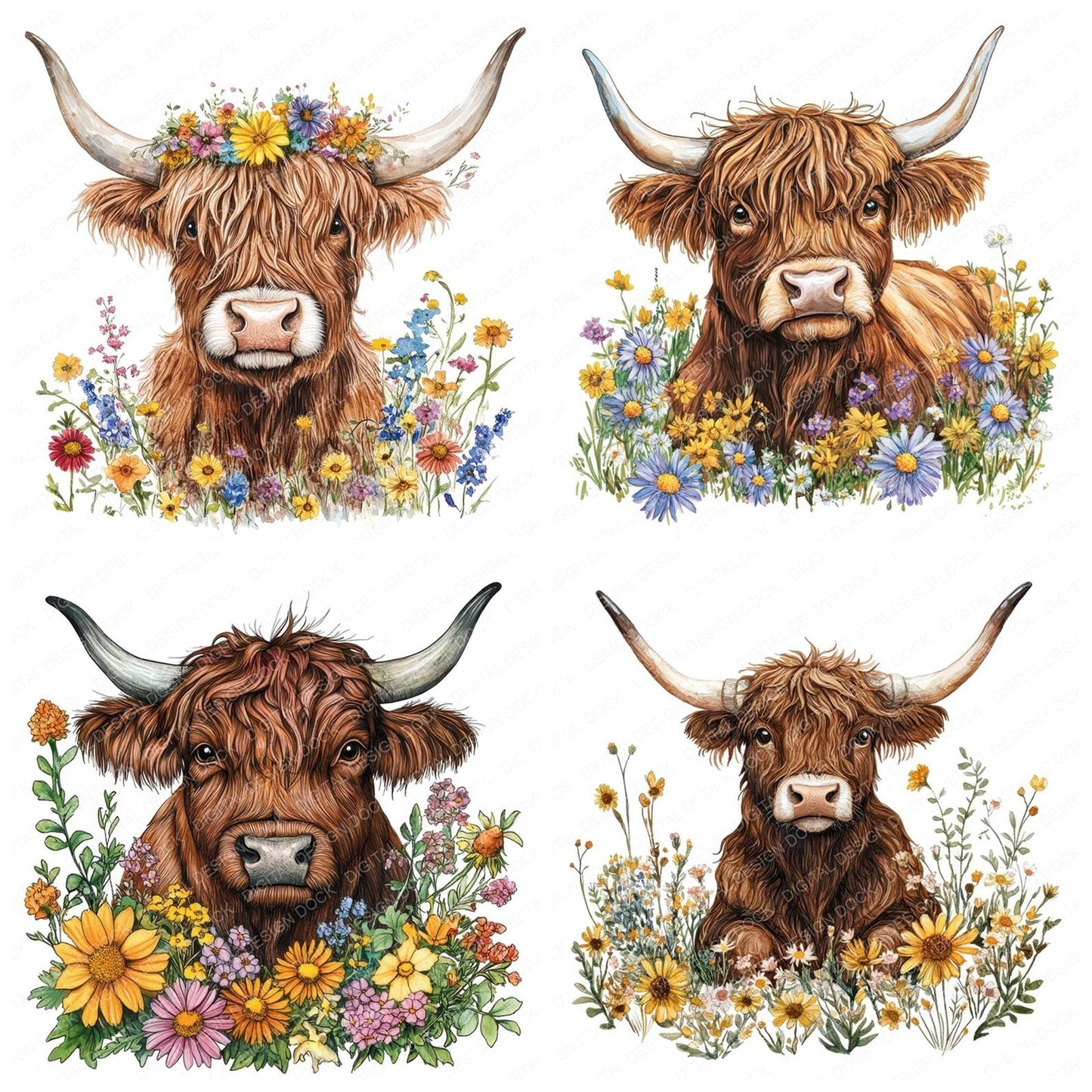 Watercolour Floral Highland Cow Clipart Set (DDD007118)