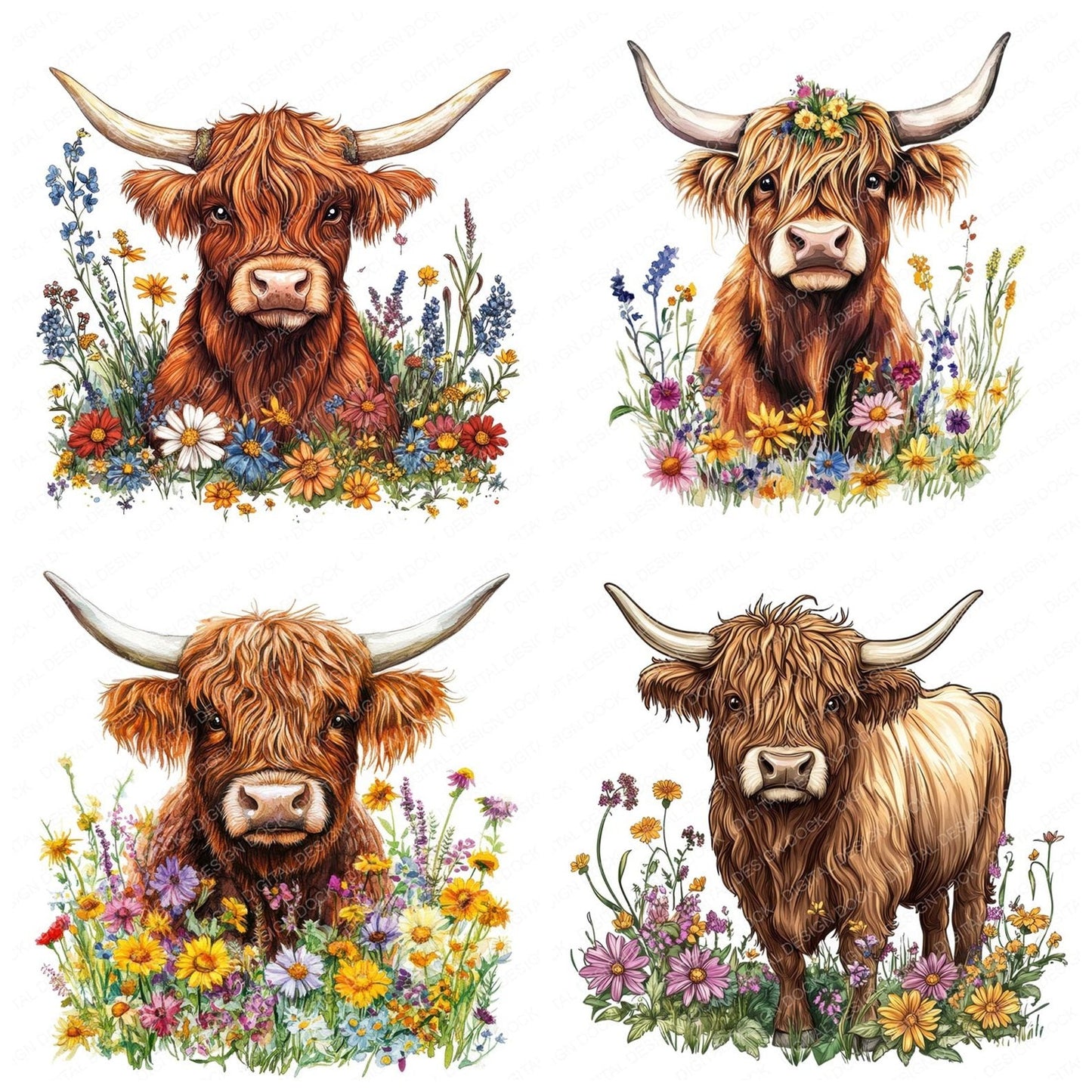 Watercolour Floral Highland Cow Clipart Set (DDD007118)