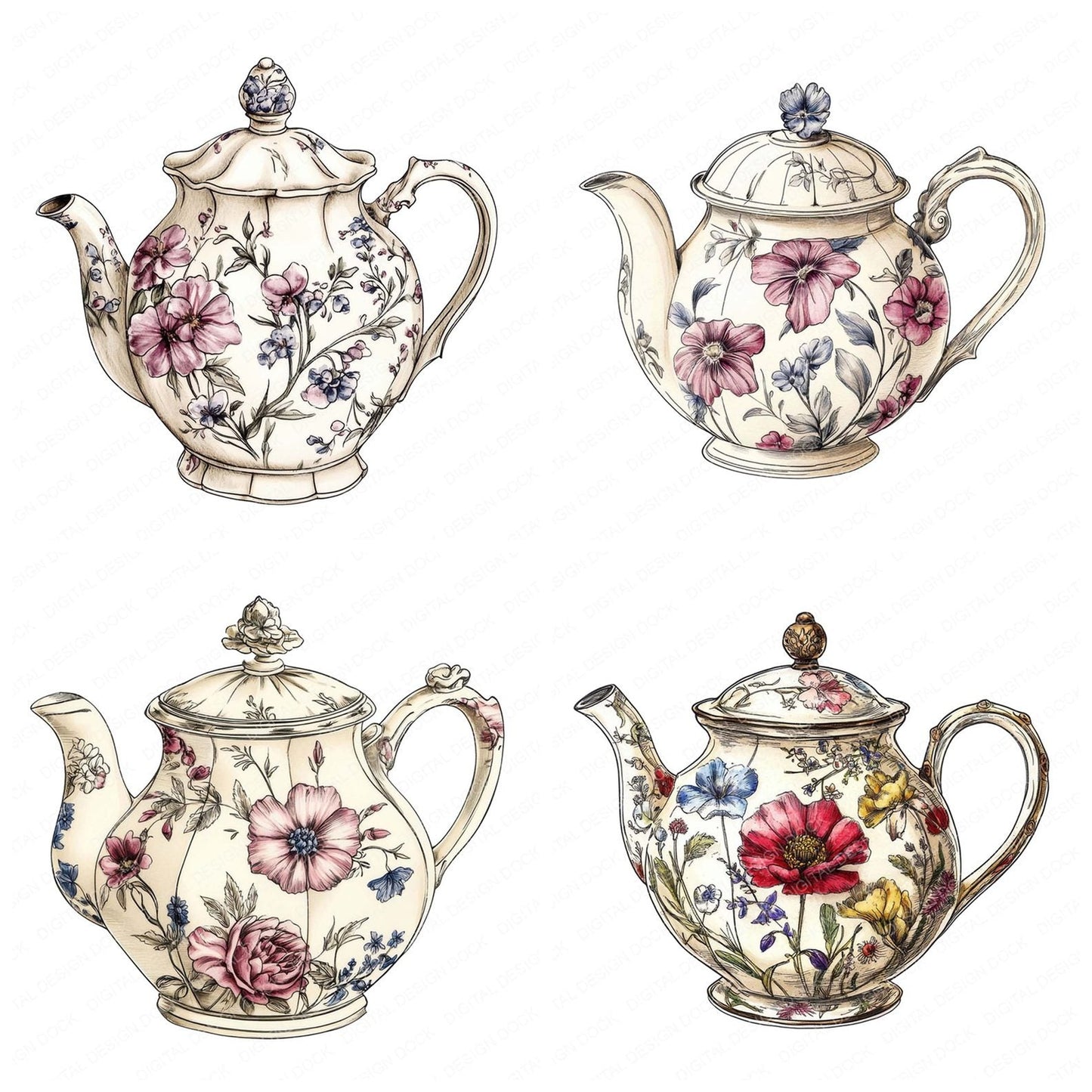 Watercolour Floral Teapot Clipart Set (DDD007120)