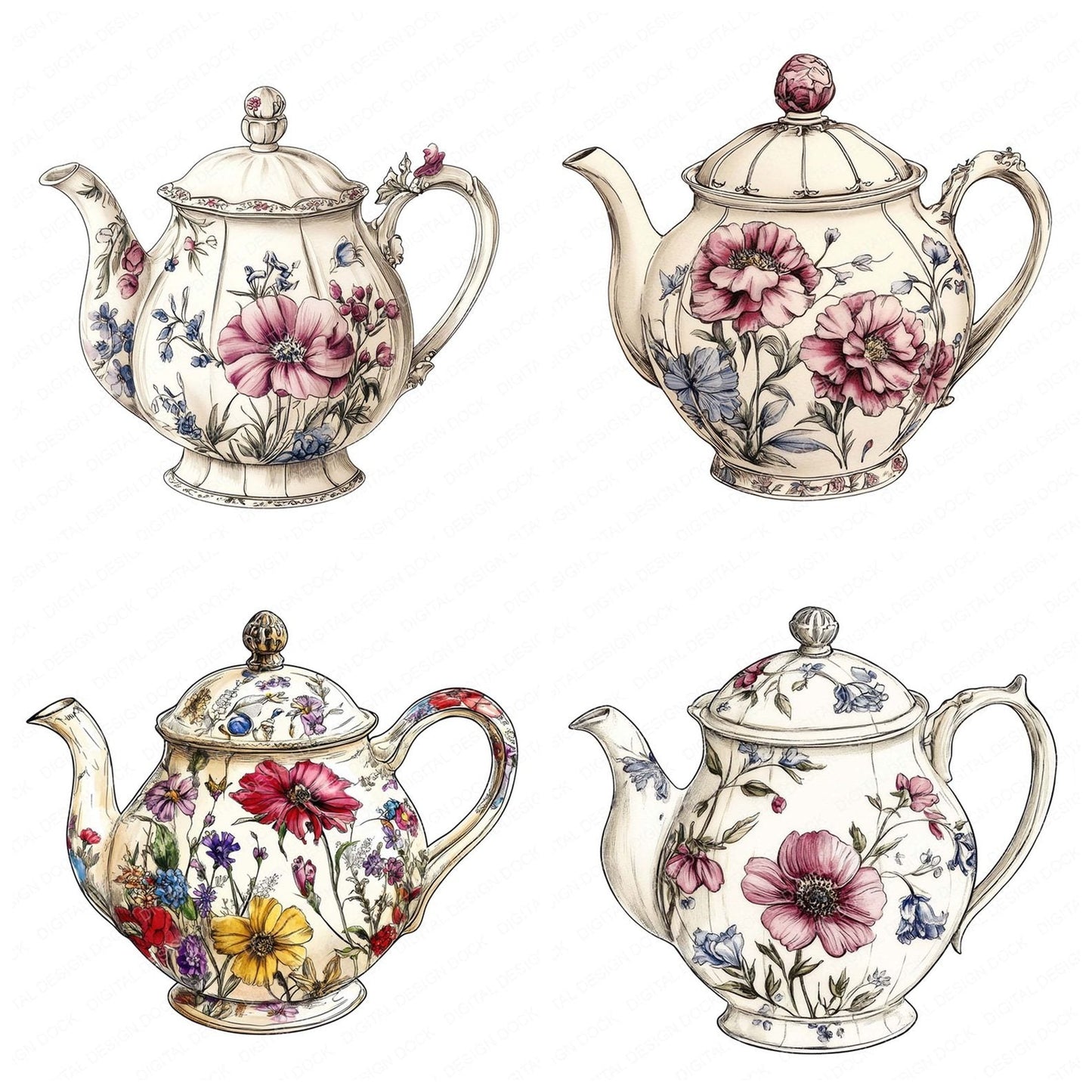 Watercolour Floral Teapot Clipart Set (DDD007120)