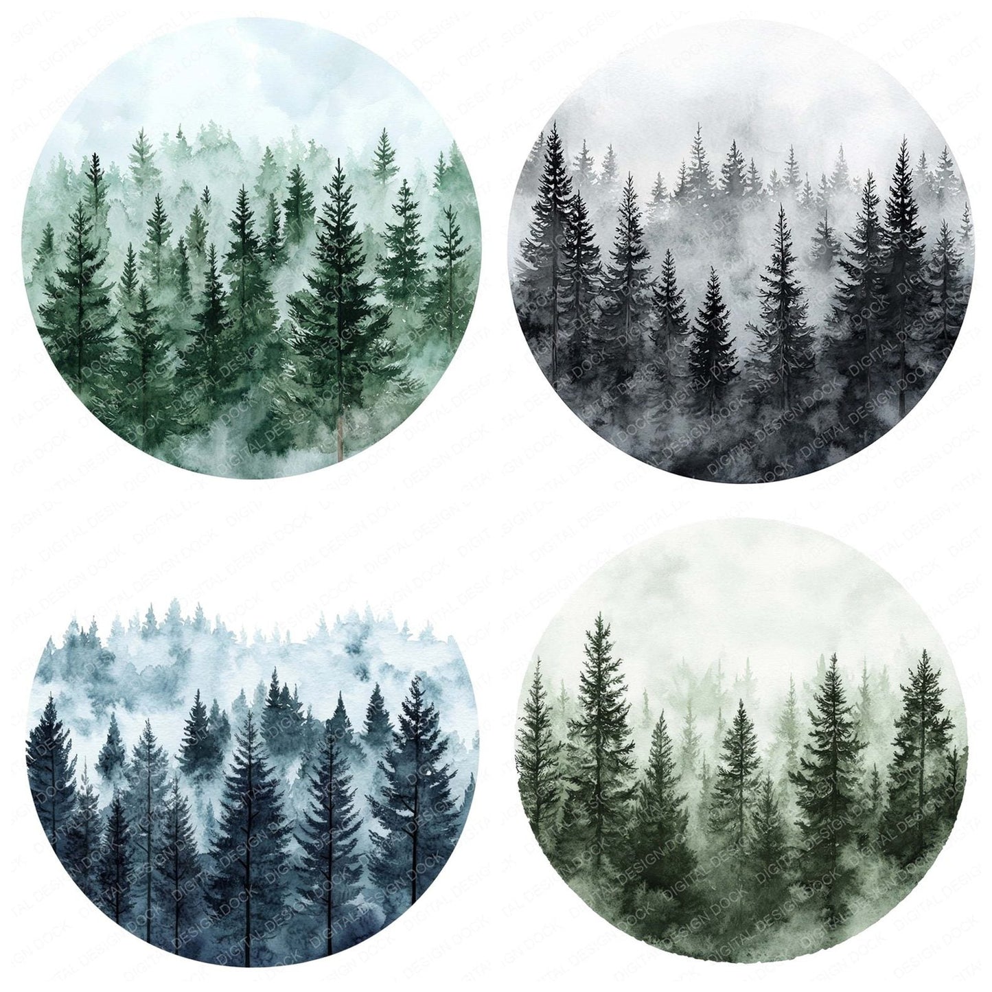 Watercolour Forest Round Design Clipart Set (DDD007127)
