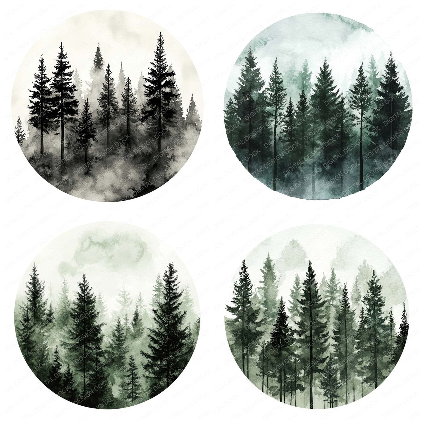 Watercolour Forest Round Design Clipart Set (DDD007127)
