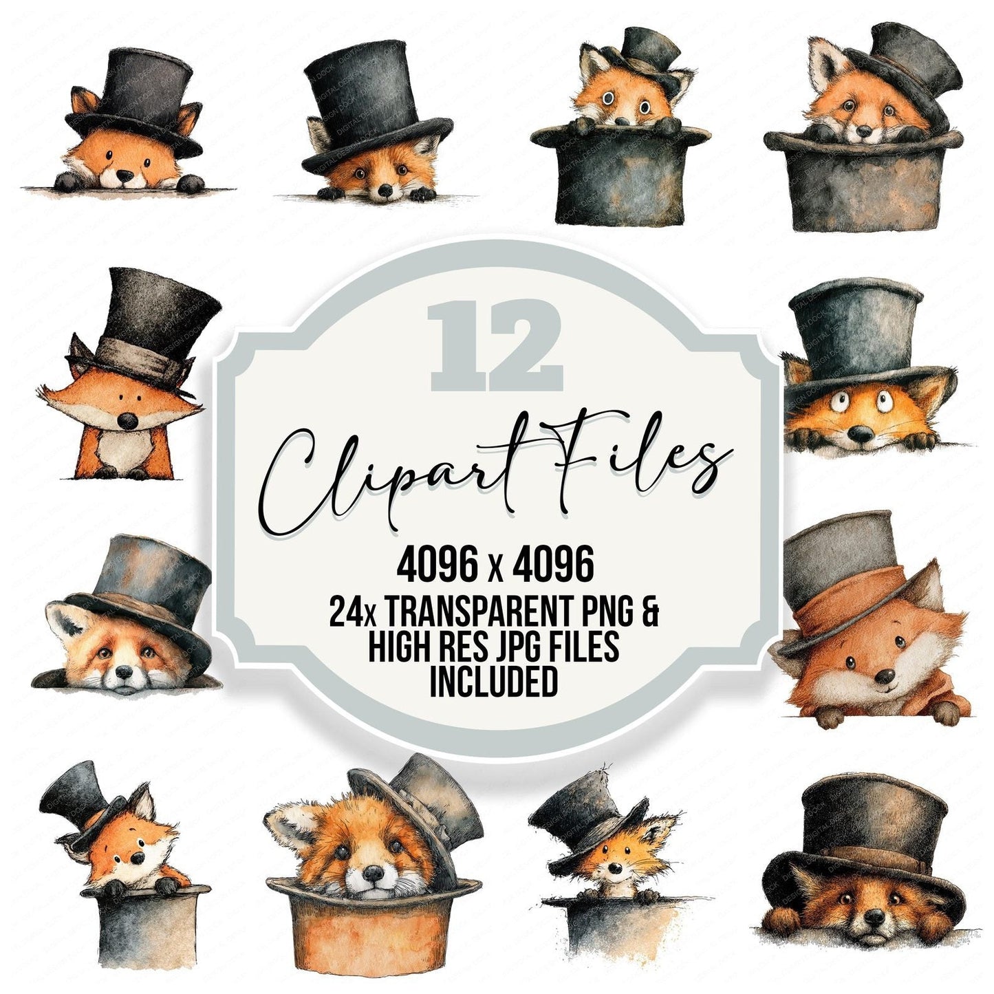 Watercolour Fox Top Hat Clipart Set (DDD007130)