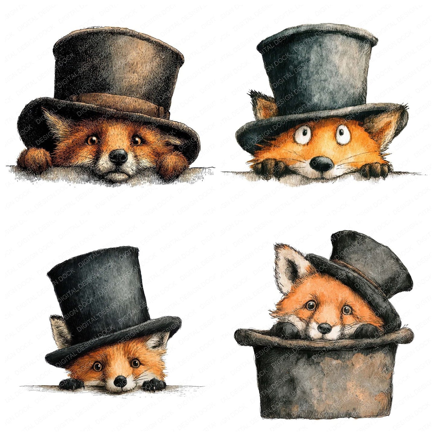 Watercolour Fox Top Hat Clipart Set (DDD007130)