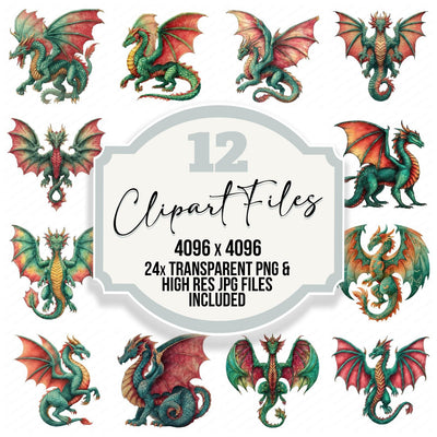 Watercolour Green Red Dragon Clipart Set (DDD007153)