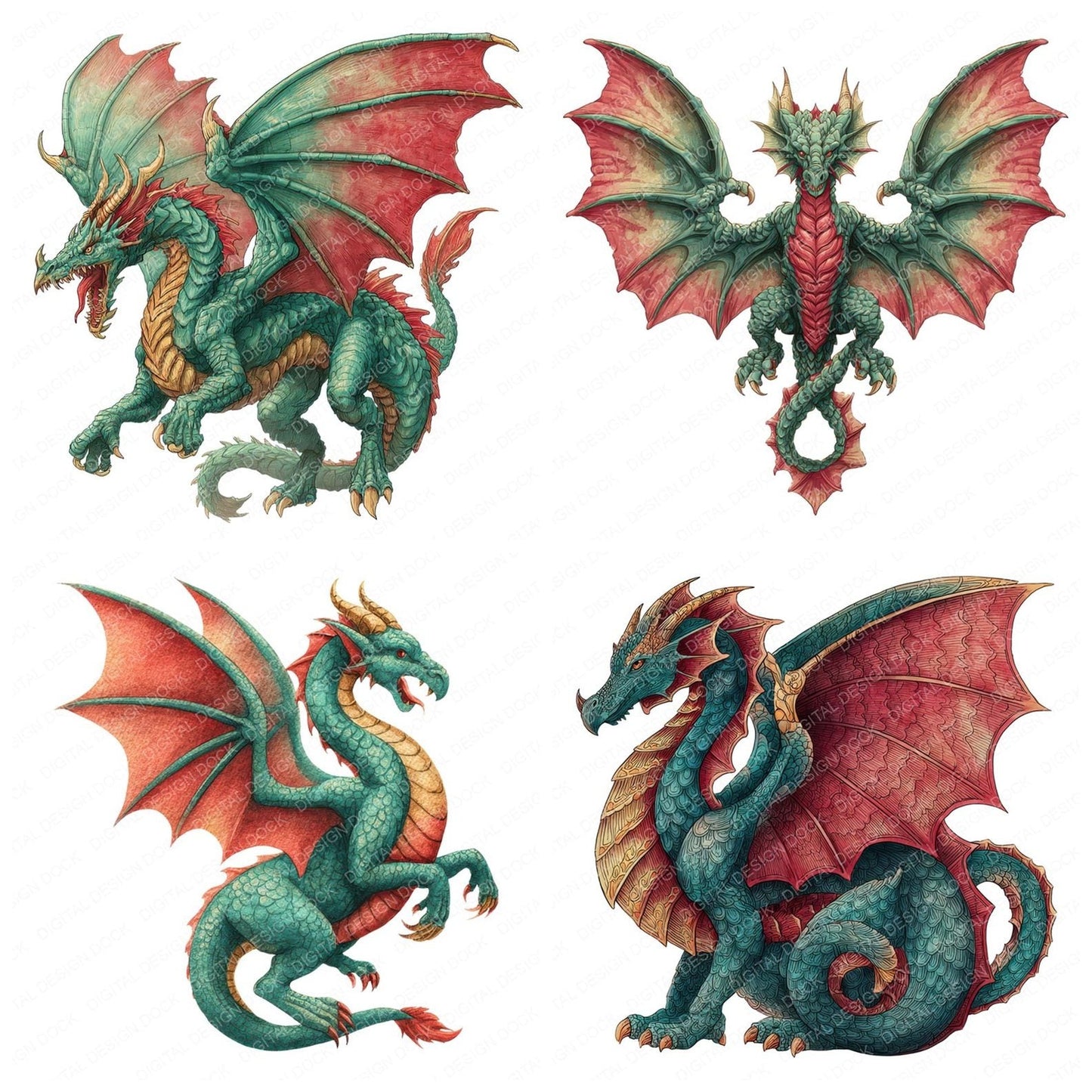 Watercolour Green Red Dragon Clipart Set (DDD007153)