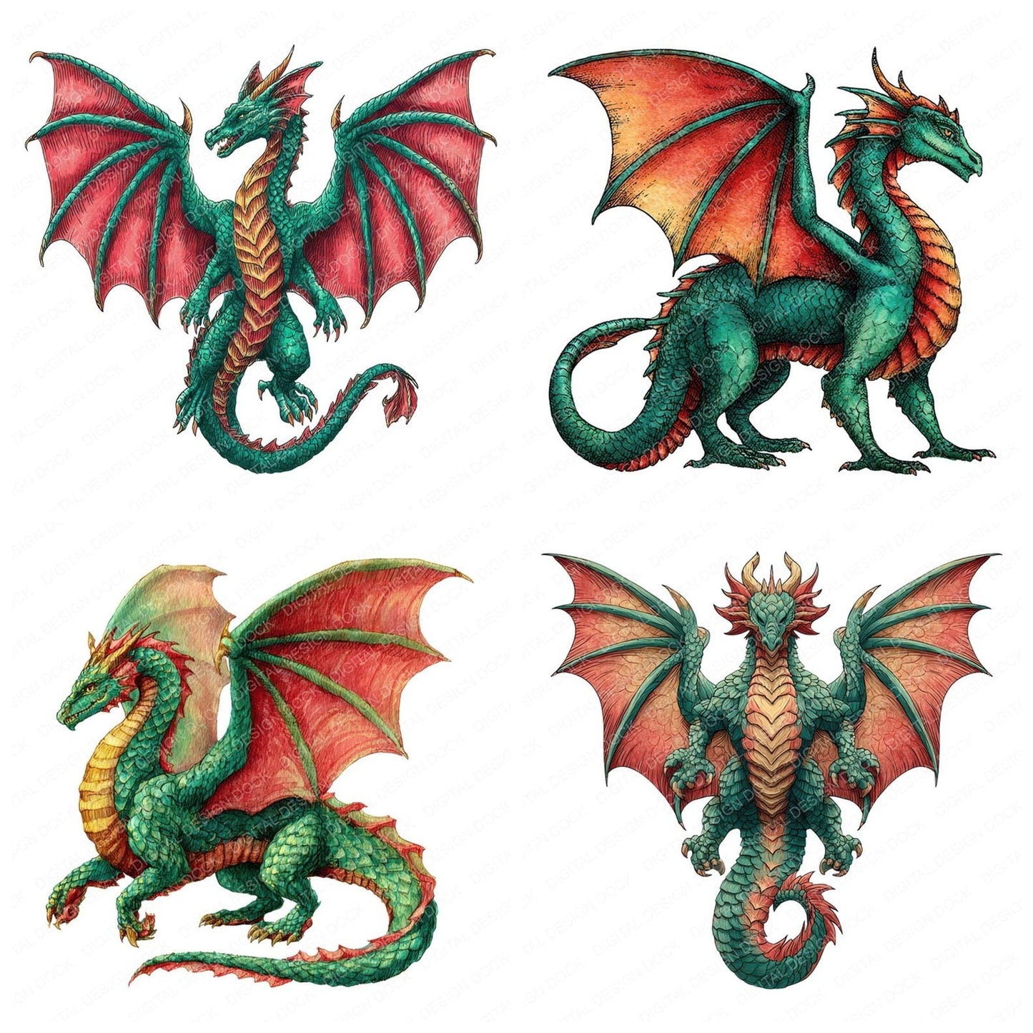 Watercolour Green Red Dragon Clipart Set (DDD007153)