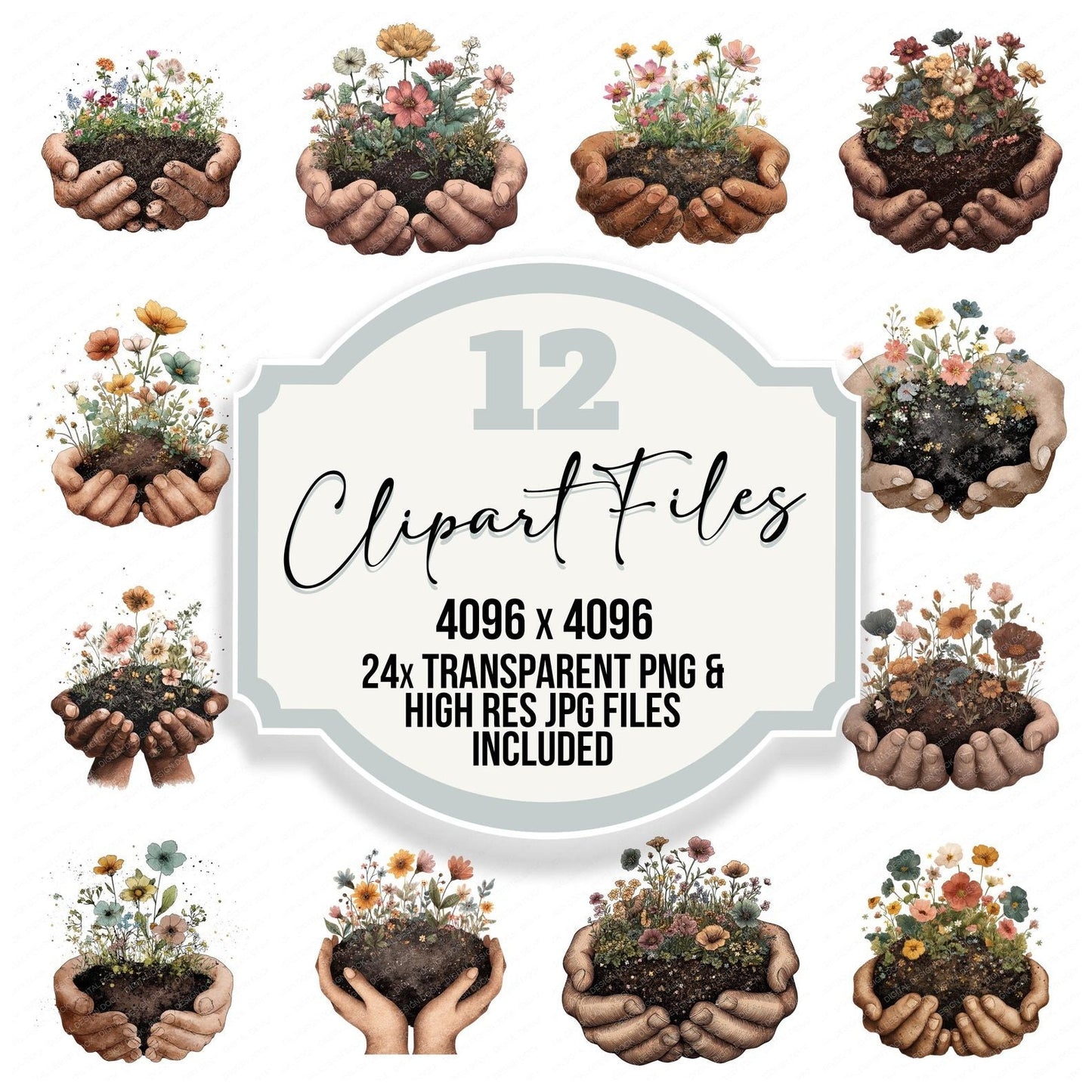 Watercolour Hands with Wildflowers Clipart Set (DDD007162)