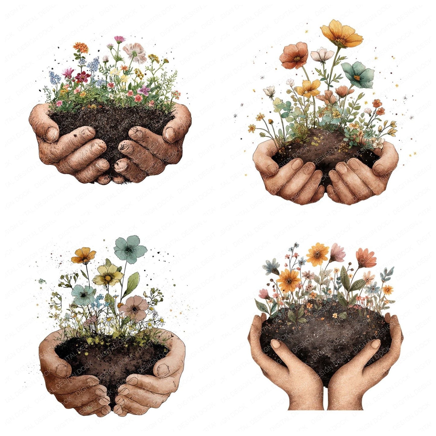 Watercolour Hands with Wildflowers Clipart Set (DDD007162)