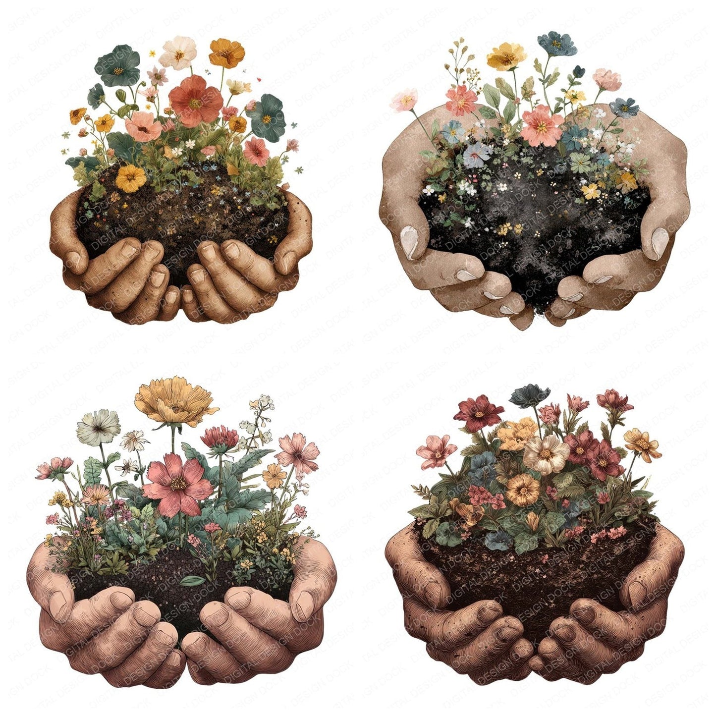 Watercolour Hands with Wildflowers Clipart Set (DDD007162)