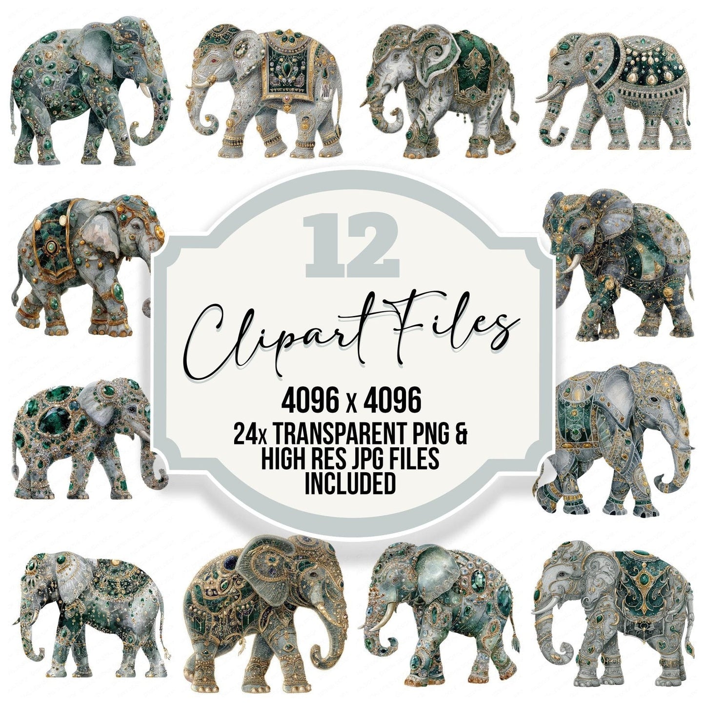 Watercolour Jewelled Elephant Clipart Set (DDD007183)