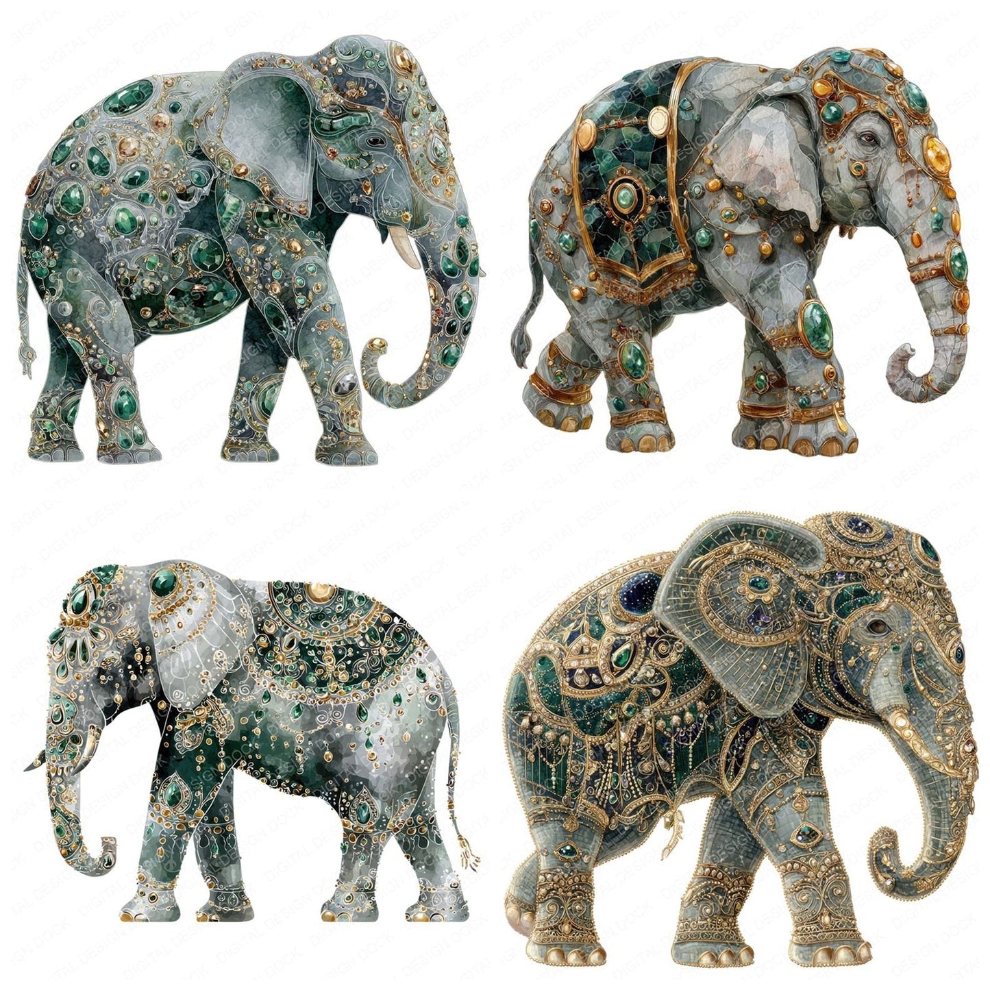Watercolour Jewelled Elephant Clipart Set (DDD007183)