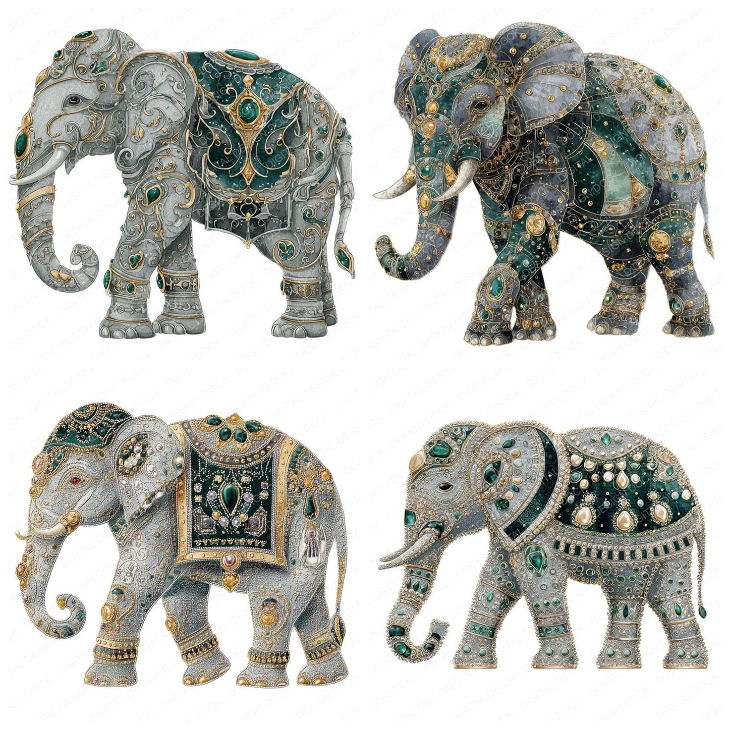 Watercolour Jewelled Elephant Clipart Set (DDD007183)