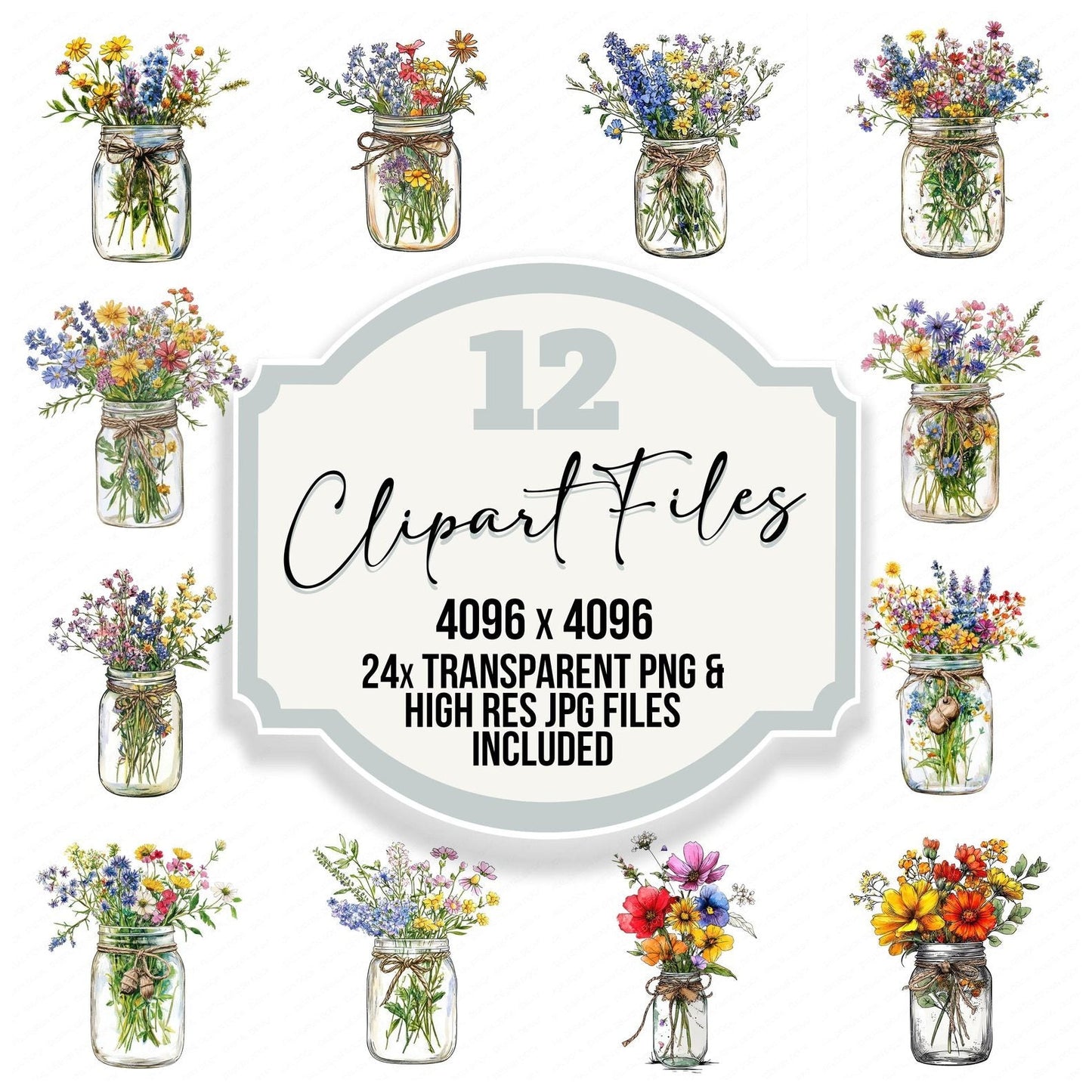 Watercolour Mason Jar Wildflowers Clipart Set (DDD007209)