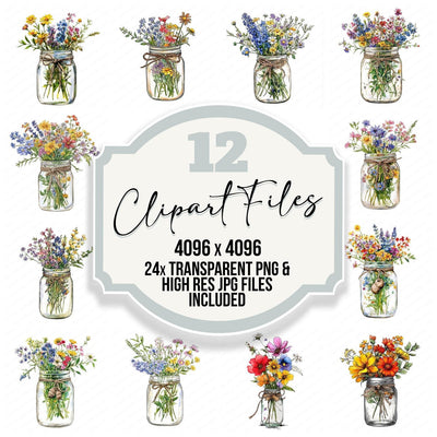 Watercolour Mason Jar Wildflowers clipart set cover showing the designs and file details