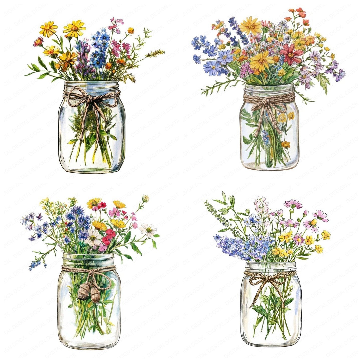 Watercolour Mason Jar Wildflowers Clipart Set (DDD007209)