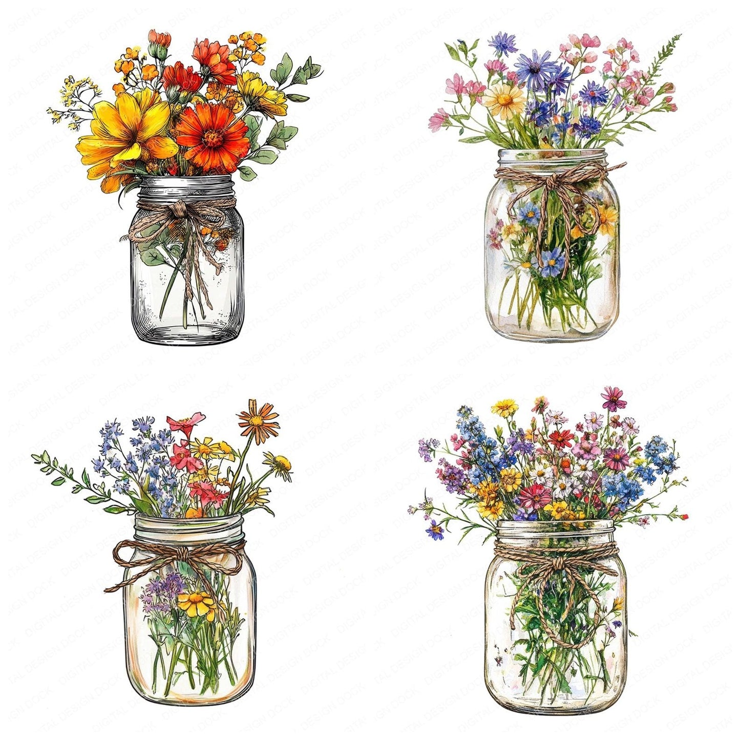 Watercolour Mason Jar Wildflowers Clipart Set (DDD007209)