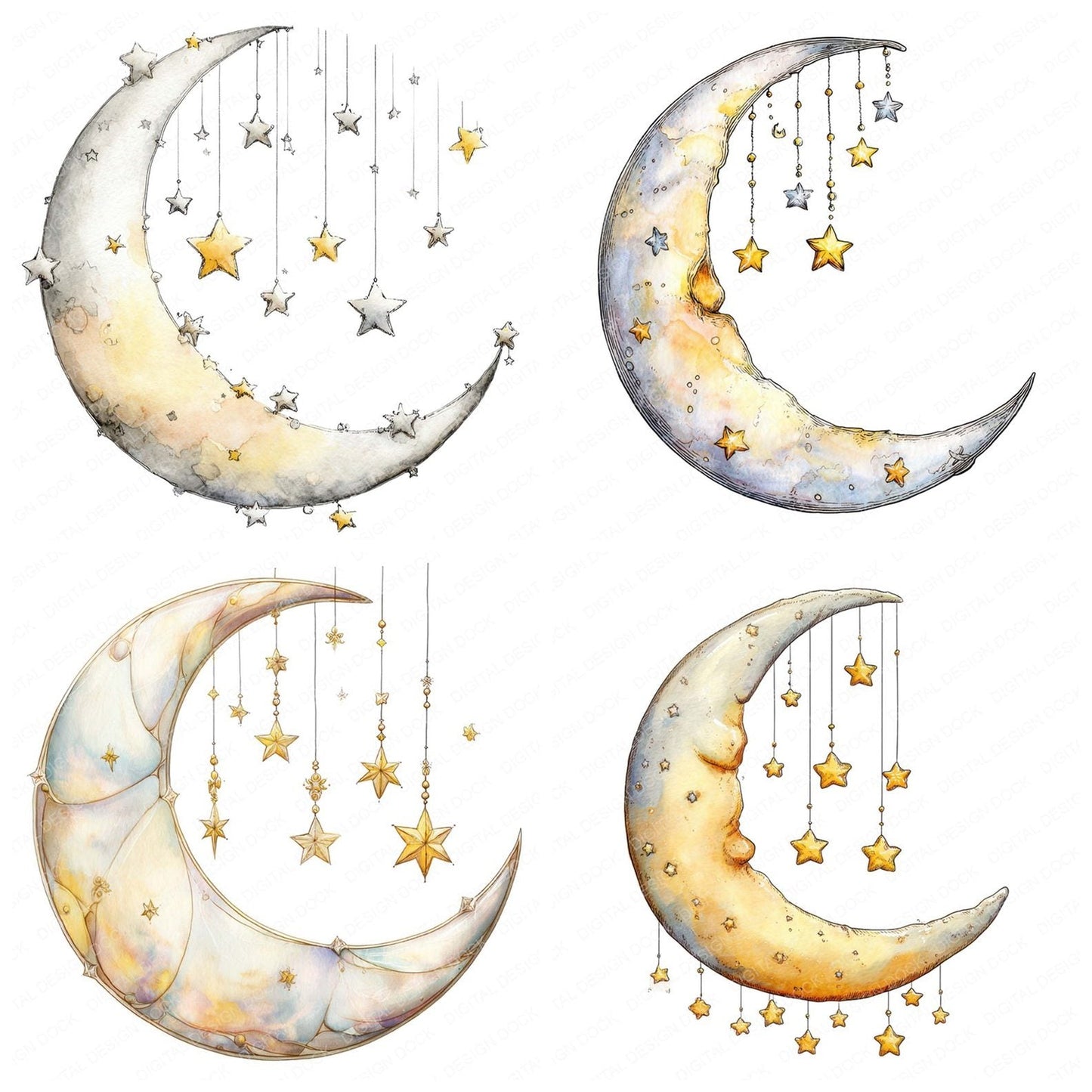 Watercolour Moon Stars Clipart Set (DDD007219)