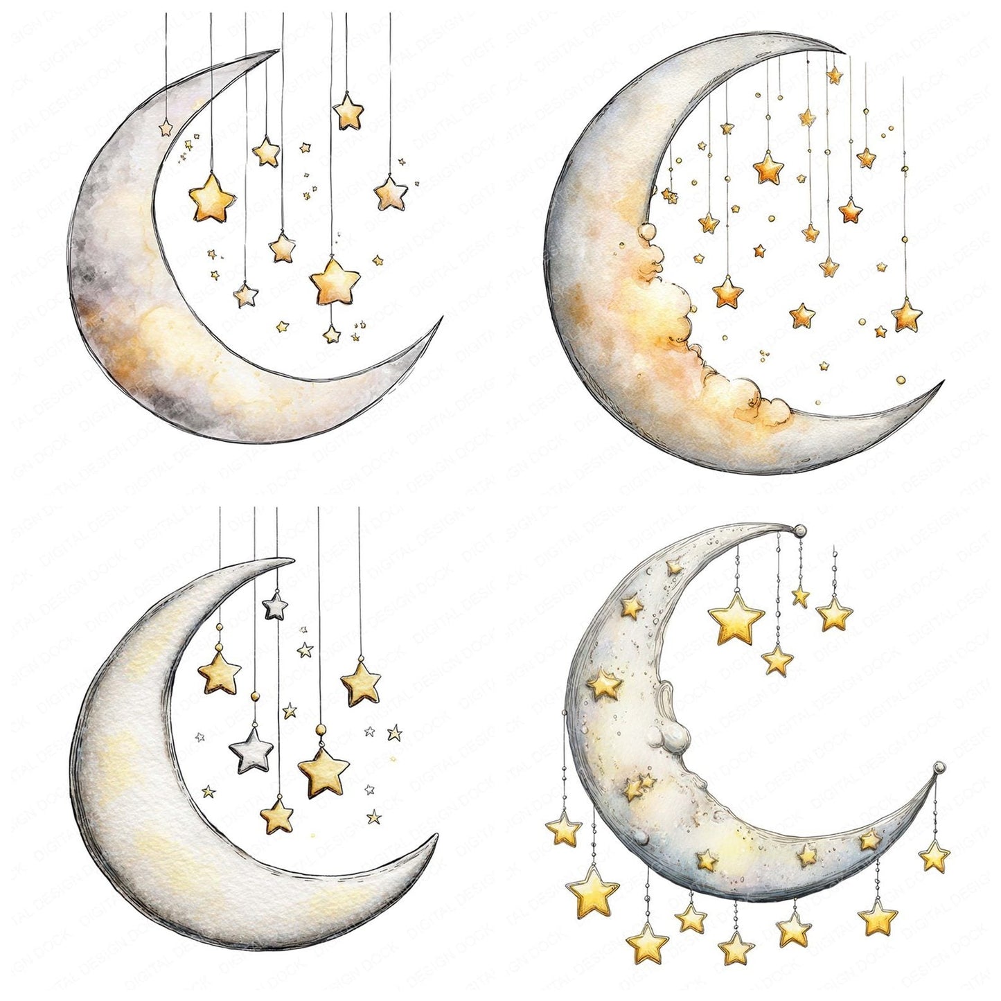 Watercolour Moon Stars Clipart Set (DDD007219)