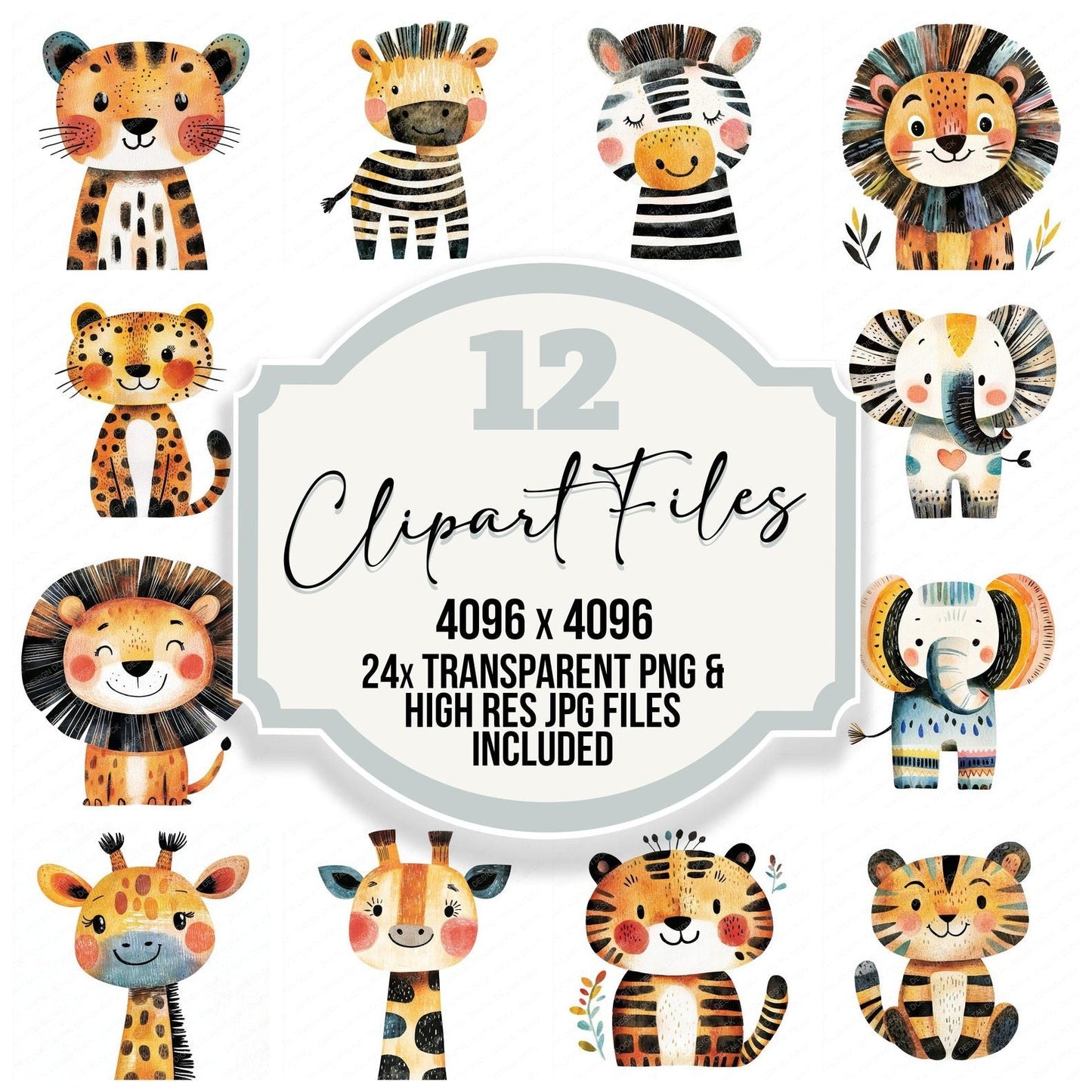 Watercolour Nursery Safari Animals Clipart Set (DDD007233)