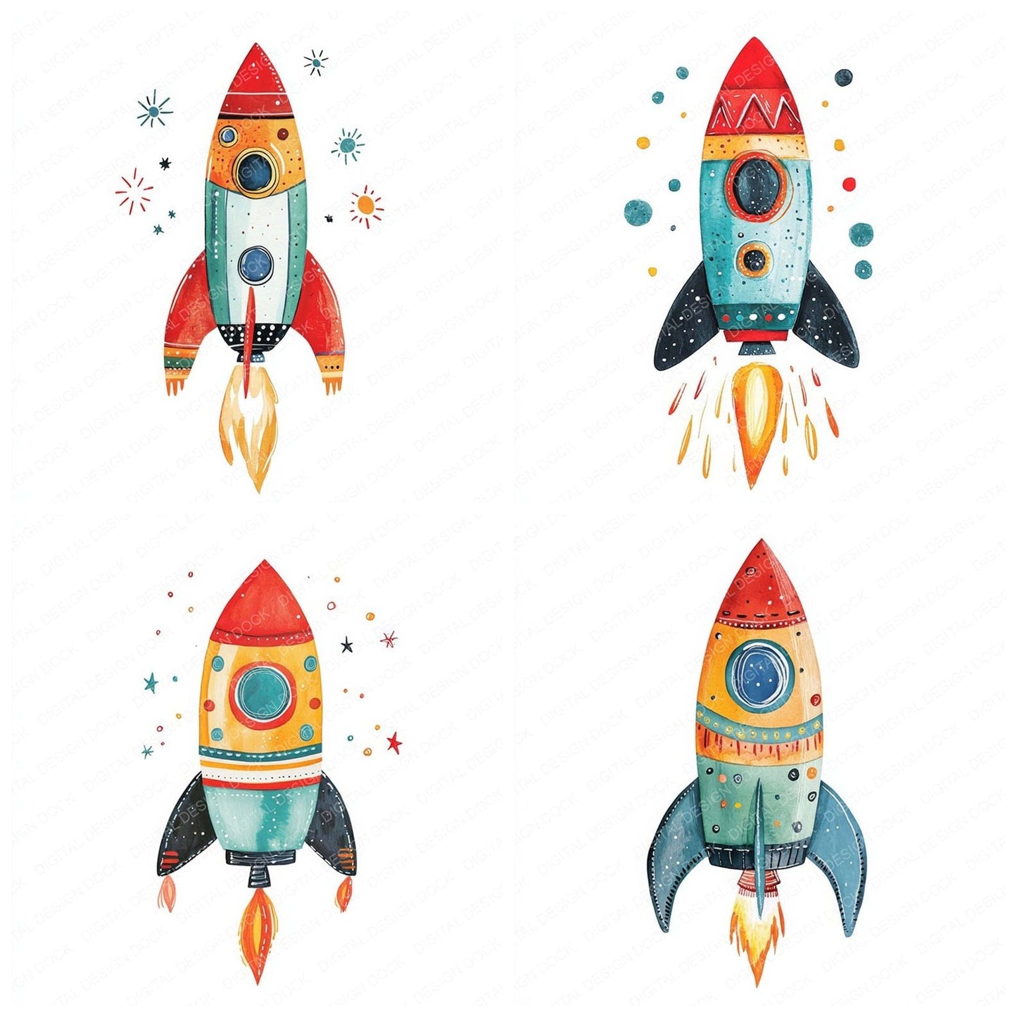 Watercolour Nursery Space Rocket Clipart Set (DDD007235)