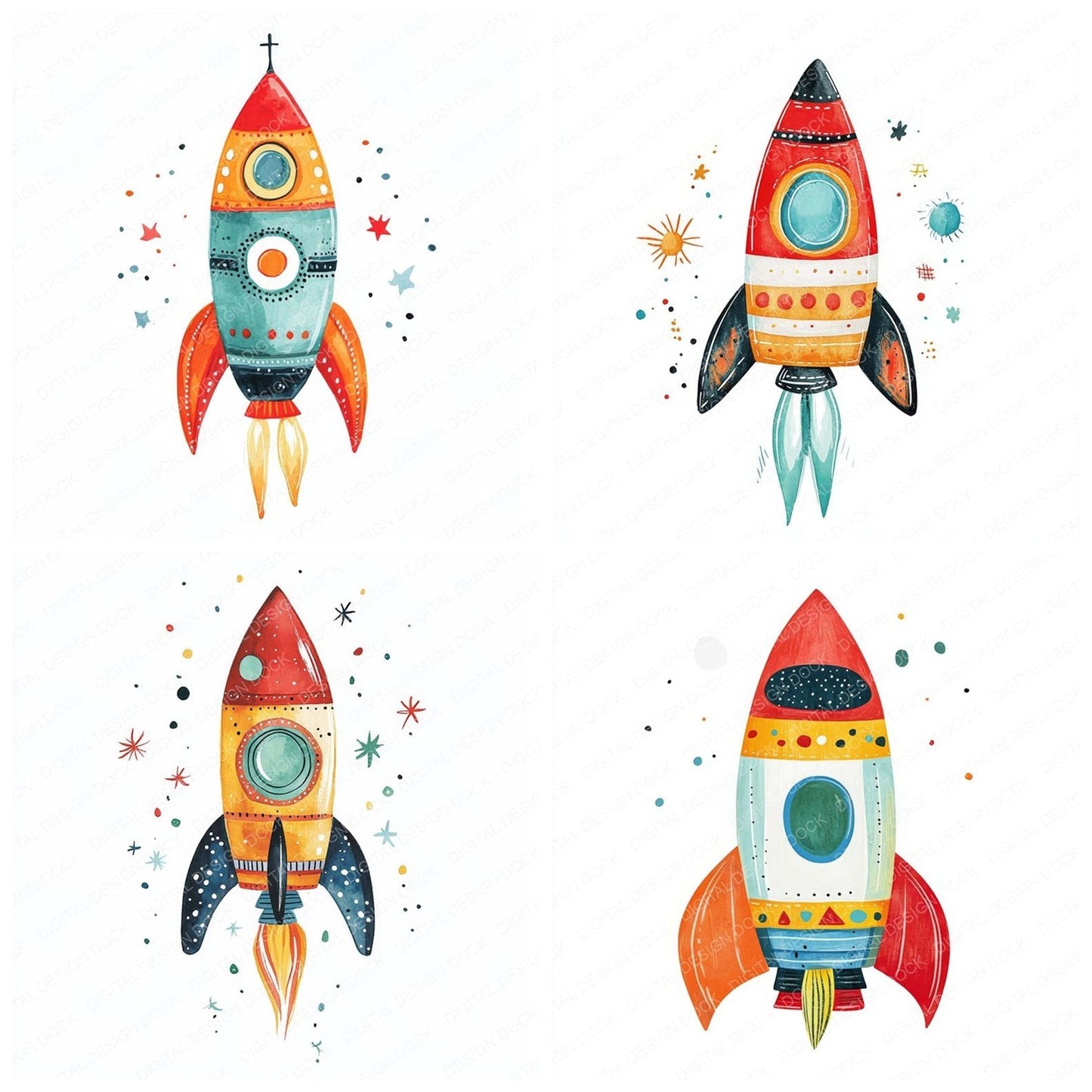 Watercolour Nursery Space Rocket Clipart Set (DDD007235)