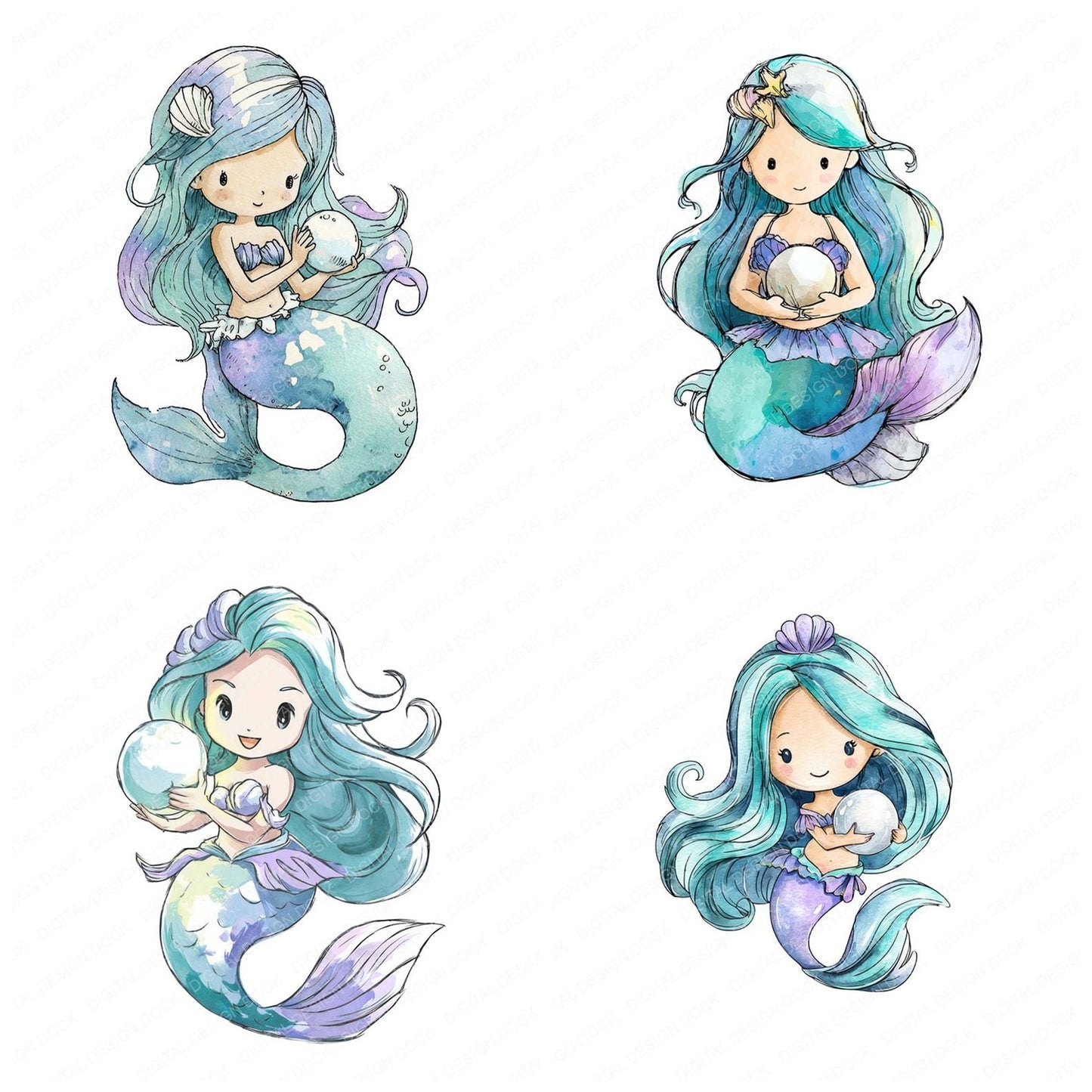 Watercolour Pearl Mermaid Clipart Set (DDD007255)