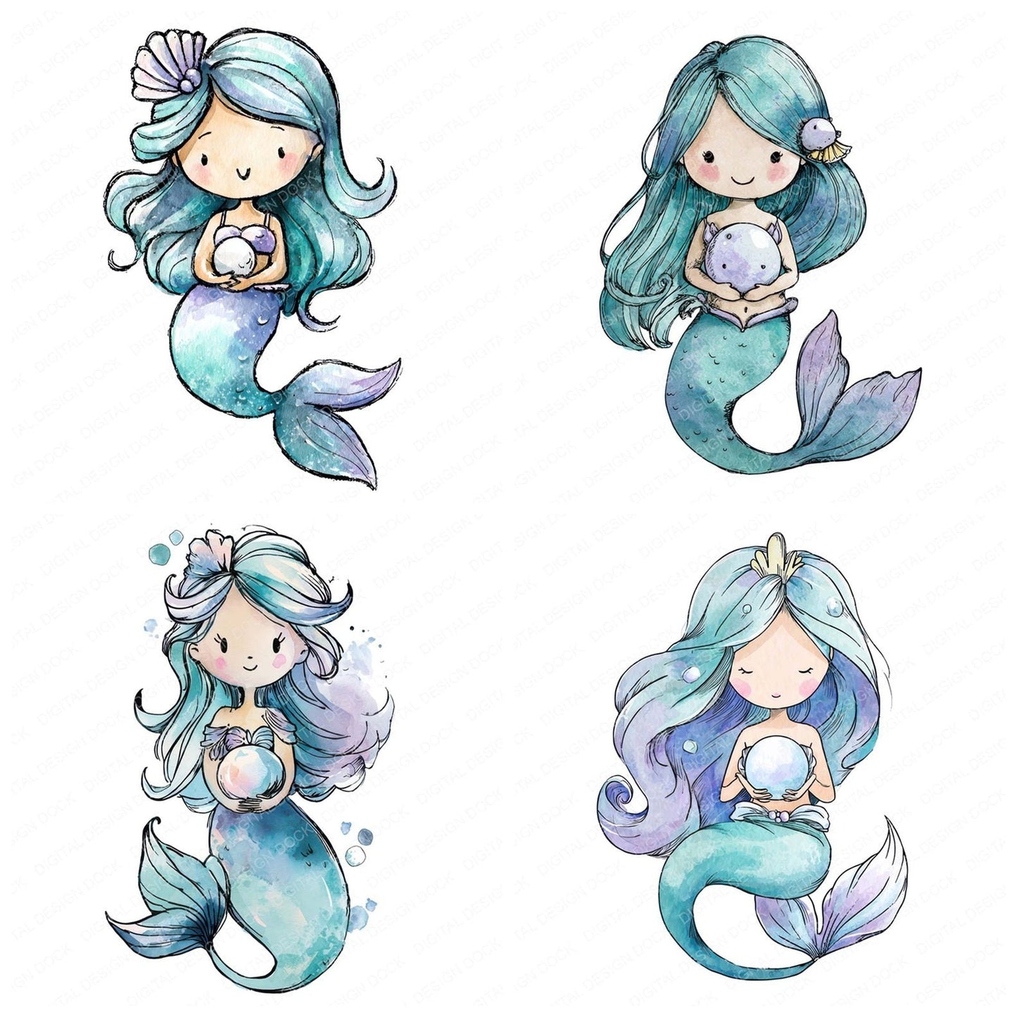 Watercolour Pearl Mermaid Clipart Set (DDD007255)