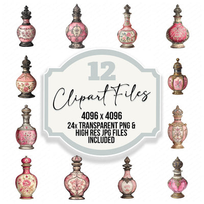 Watercolour Perfume Bottle clipart set cover showing the designs and file details