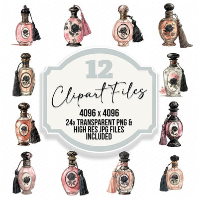 Watercolour Perfume Bottle clipart set cover showing the designs and file details
