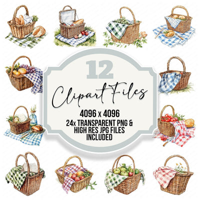 Watercolour Picnic Basket clipart set cover showing the designs and file details