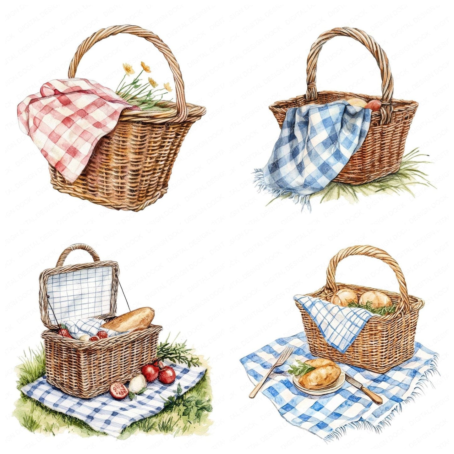 Watercolour Picnic Basket Clipart Set (DDD007268)