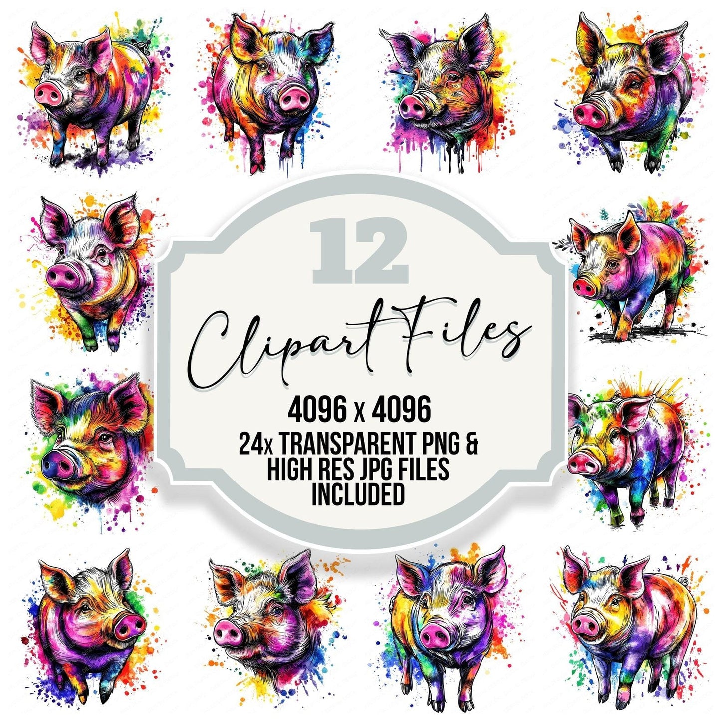 Watercolour Pig Spatter Clipart Set (DDD007269)