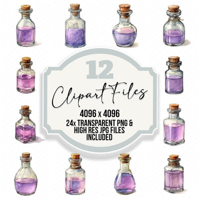Watercolour Potion Bottle clipart set cover showing the designs and file details