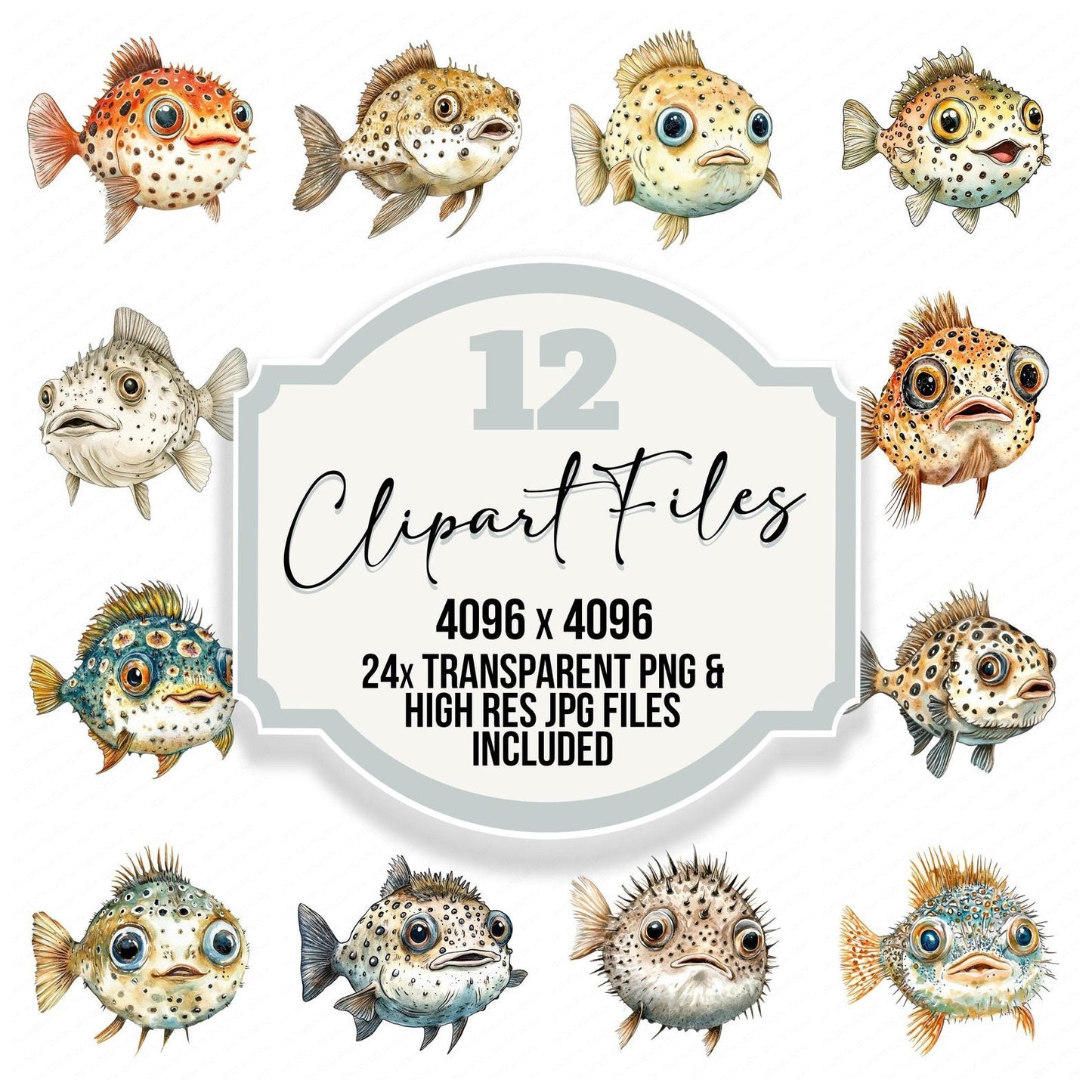 Watercolour Puffer Fish Clipart Set (DDD007284)
