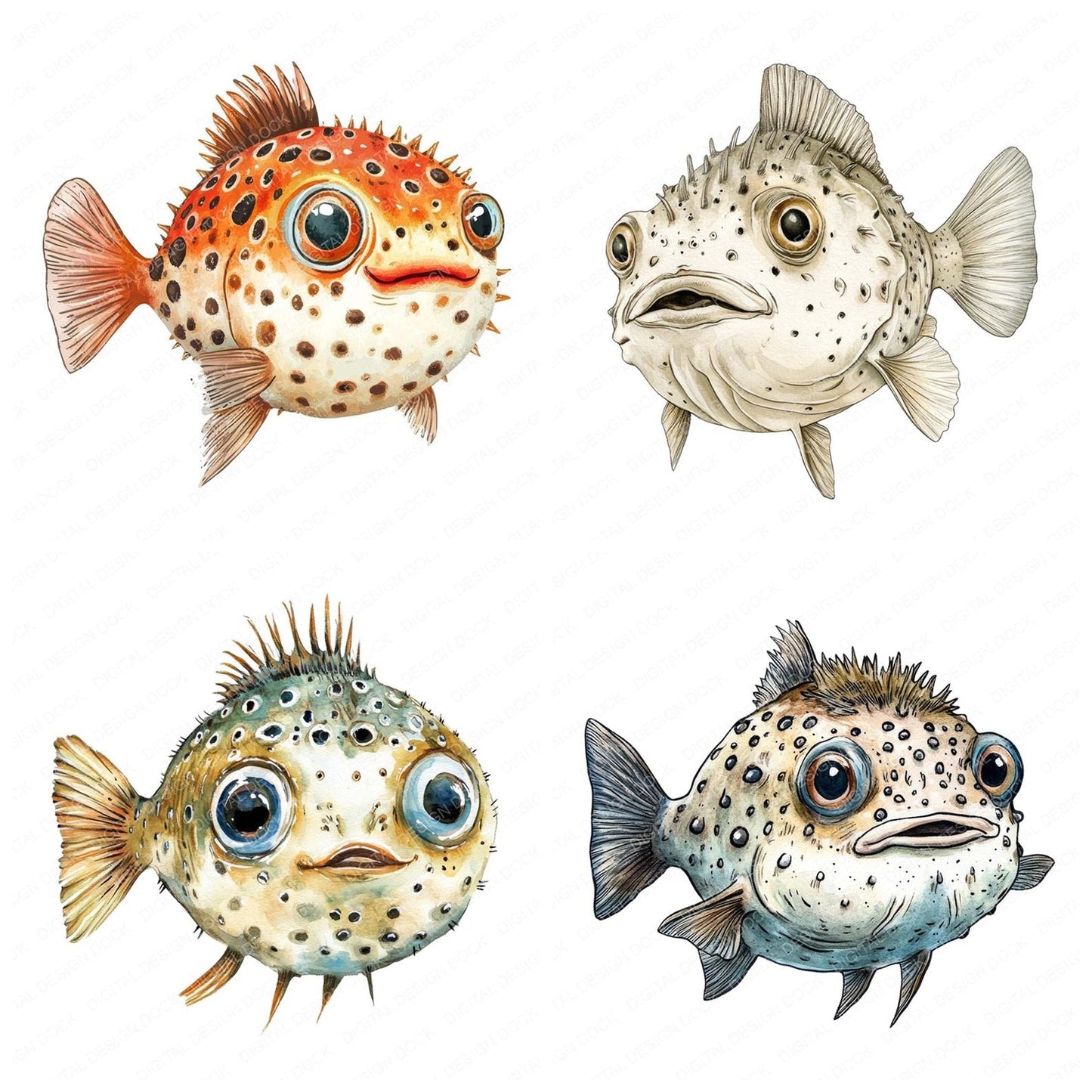 Watercolour Puffer Fish Clipart Set (DDD007284)
