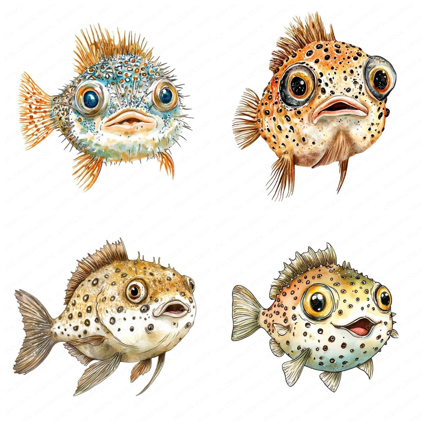 Watercolour Puffer Fish Clipart Set (DDD007284)