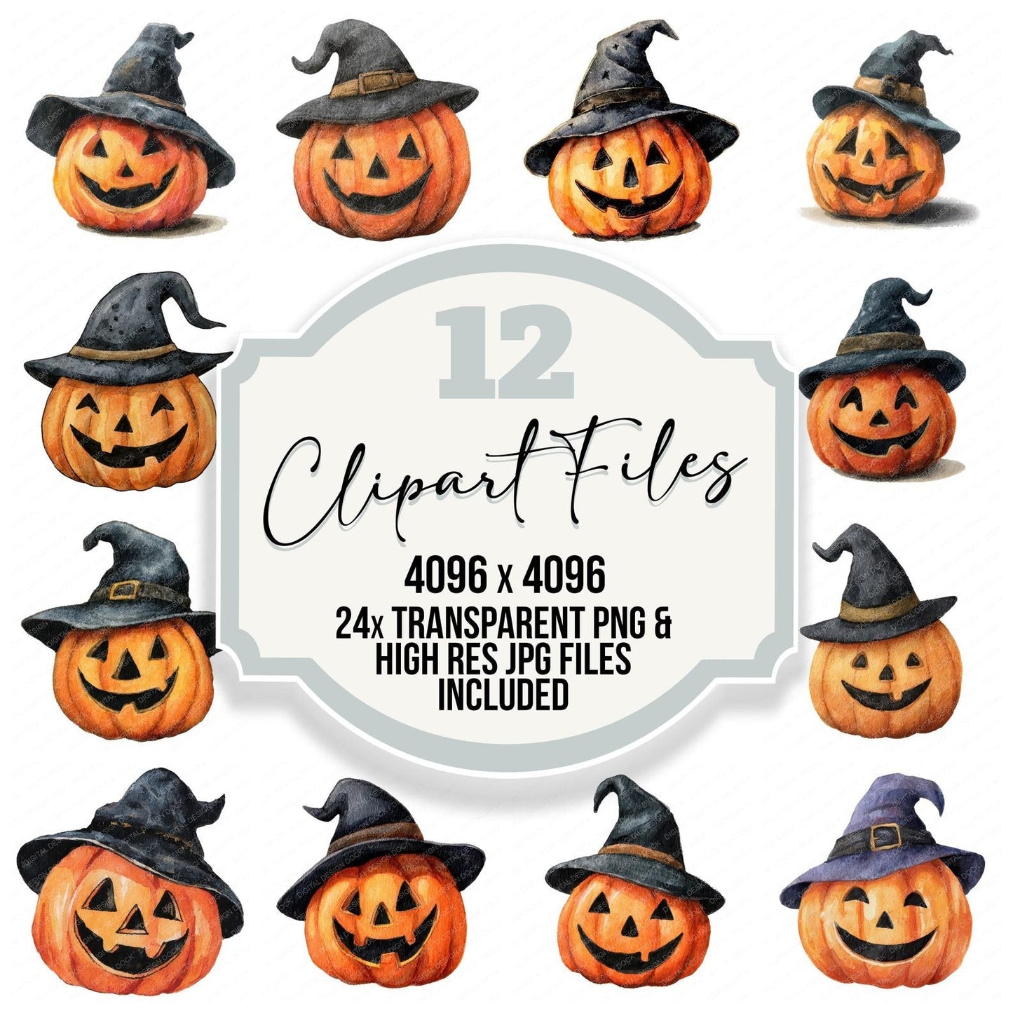 Watercolour Pumpkin Witch Hat Clipart Set (DDD007285)