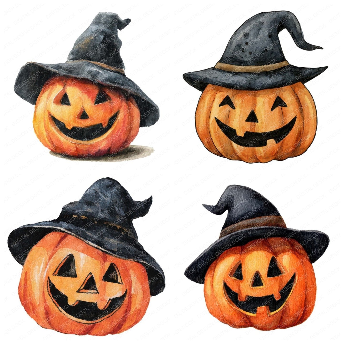 Watercolour Pumpkin Witch Hat Clipart Set (DDD007285)