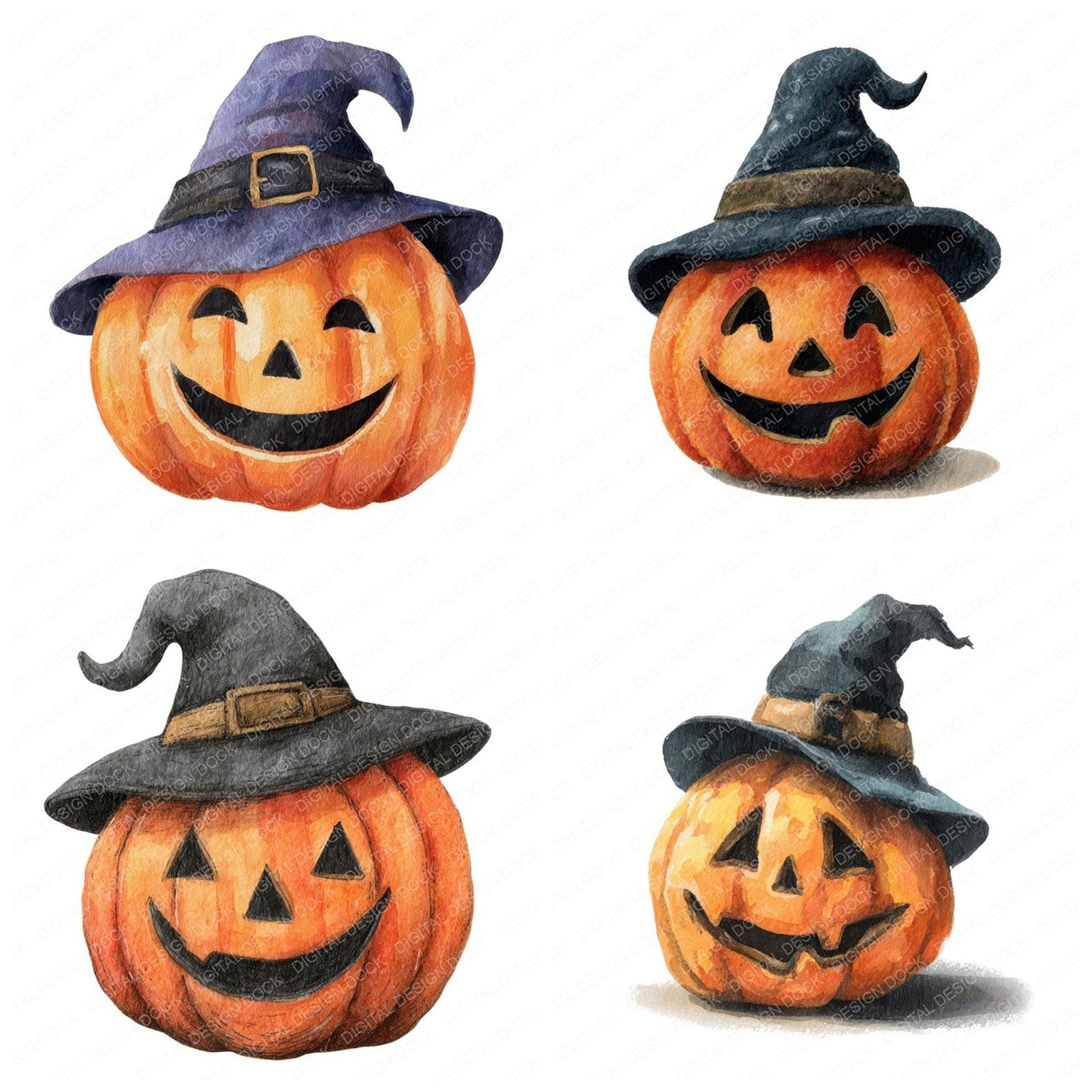 Watercolour Pumpkin Witch Hat Clipart Set (DDD007285)
