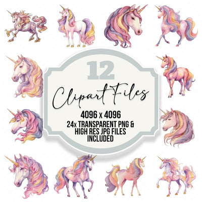 Watercolour Rainbow Unicorn clipart set cover showing the designs and file details
