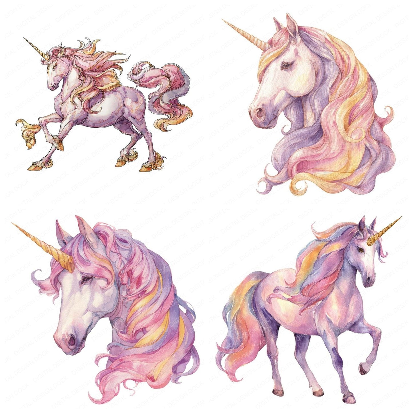 Watercolour Rainbow Unicorn Clipart Set (DDD007301)