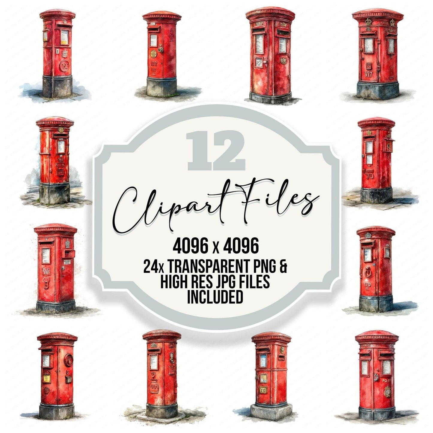 Watercolour Red Postbox Clipart Set (DDD007310)