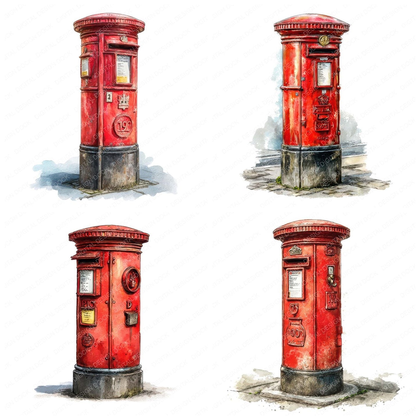Watercolour Red Postbox Clipart Set (DDD007310)