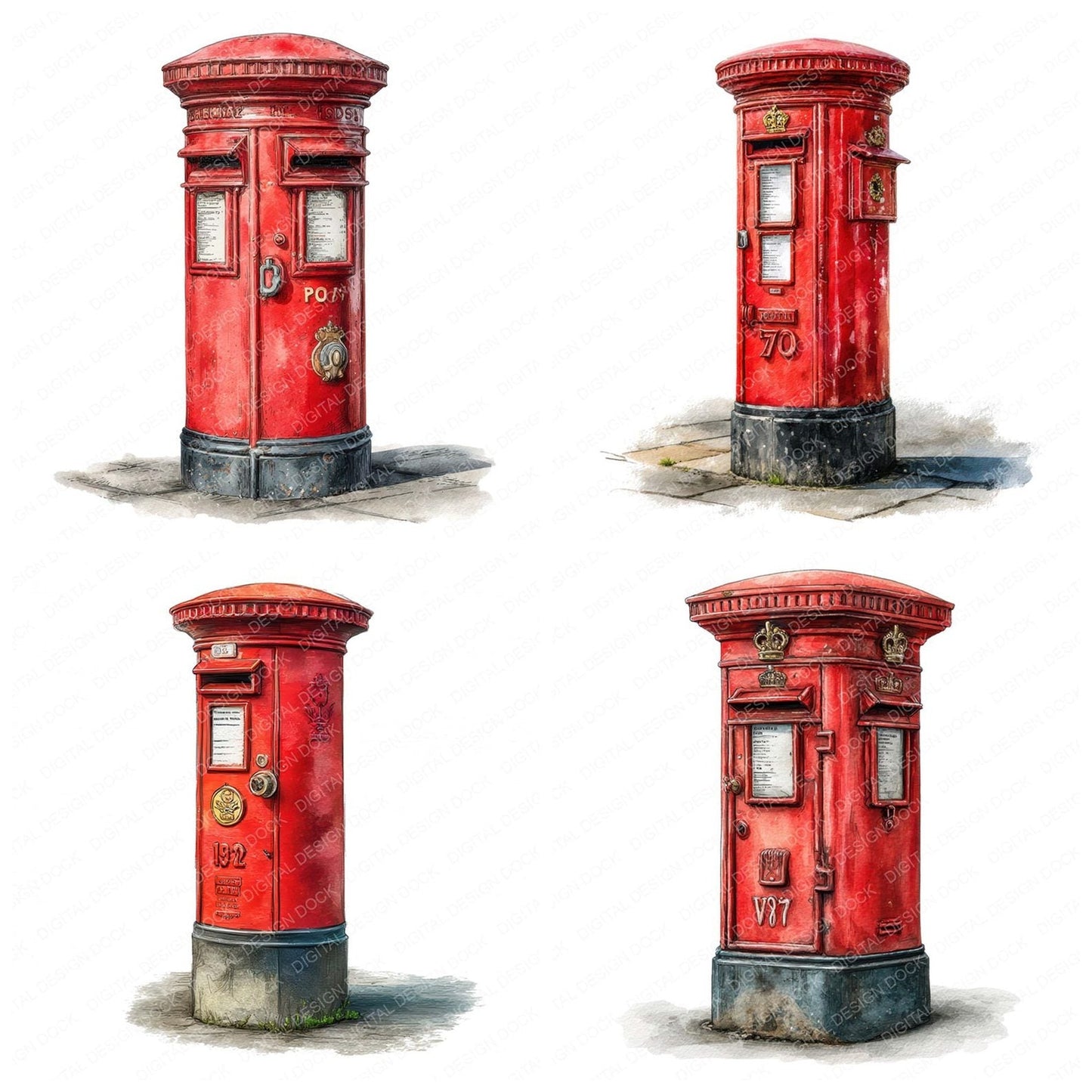 Watercolour Red Postbox Clipart Set (DDD007310)