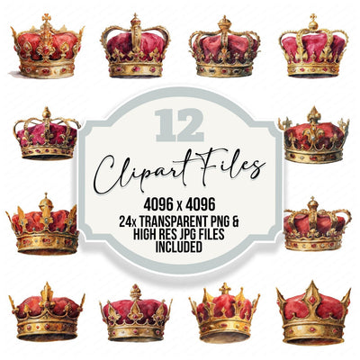 Watercolour Royal Crown clipart set cover showing the designs and file details