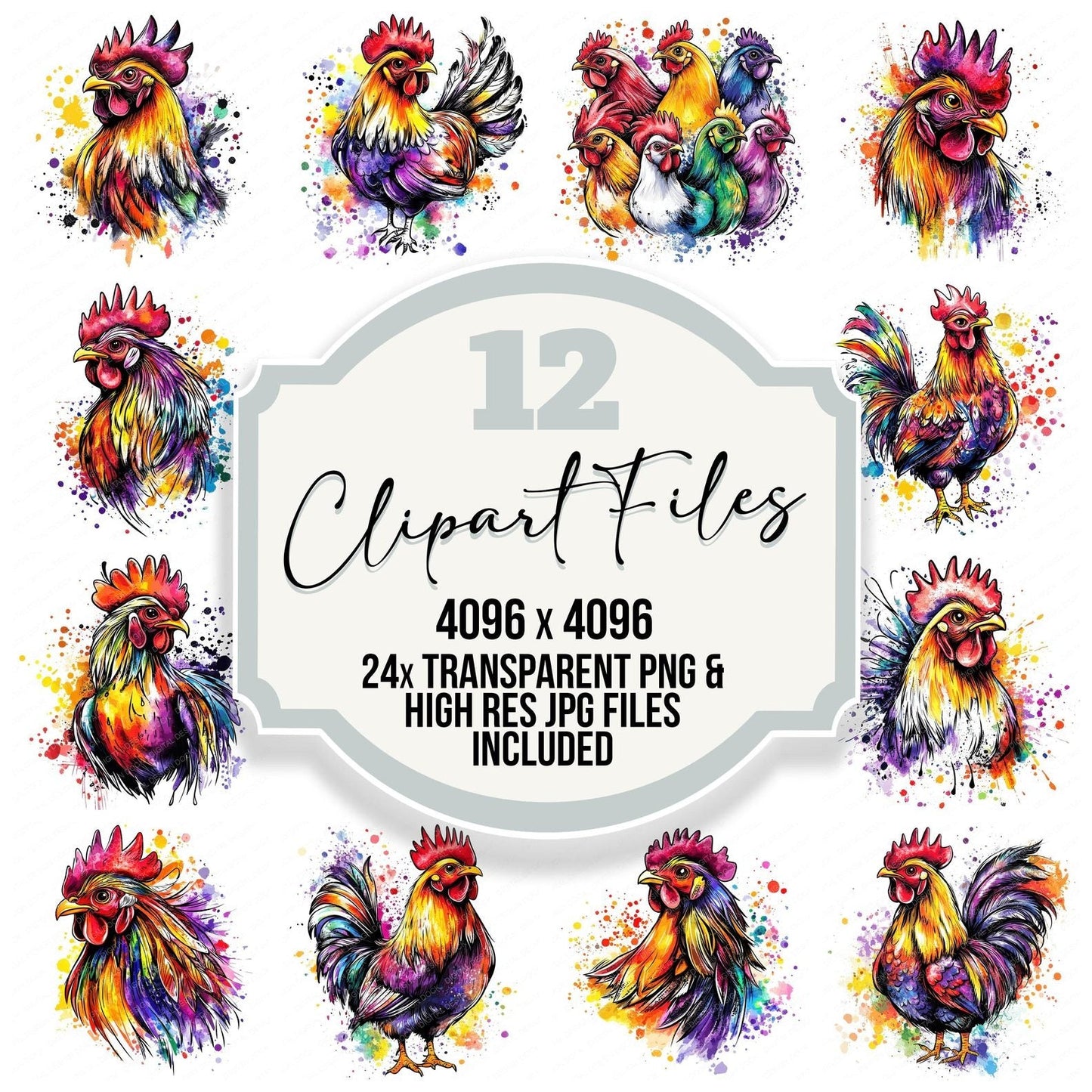 Watercolour Spatter Chicken Clipart Set (DDD007349)
