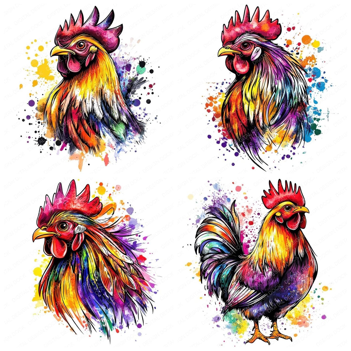 Watercolour Spatter Chicken Clipart Set (DDD007349)