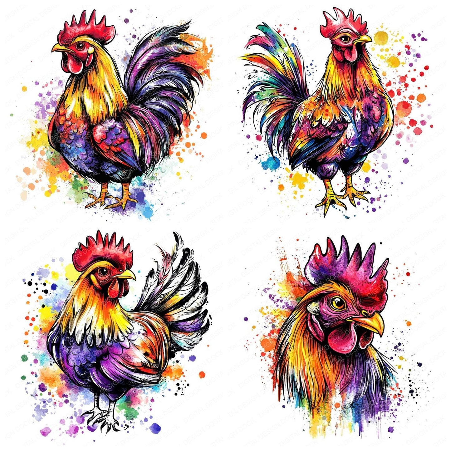Watercolour Spatter Chicken Clipart Set (DDD007349)